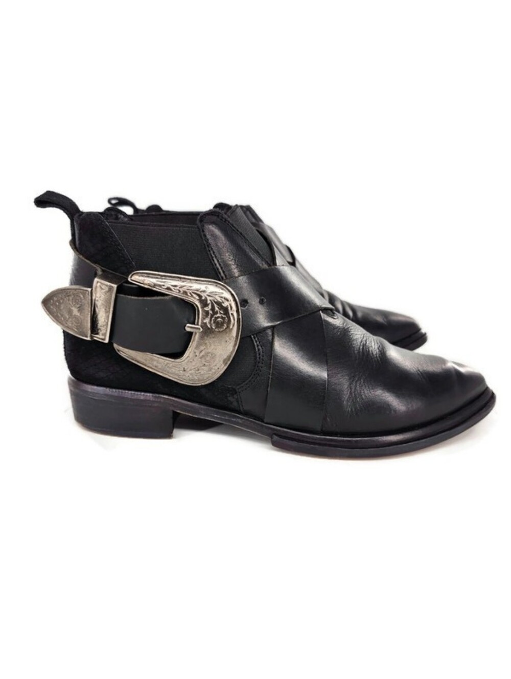 Free People Maverick Chelsea Black Leather Suede Silver Western Buckle Shooties - Picture 2 of 14